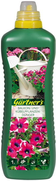 Produktbild von Gaertners Balkon und Kuebelpflanzenduenger in einer 1 Liter Flasche mit Dosierer und Produktinformationen.