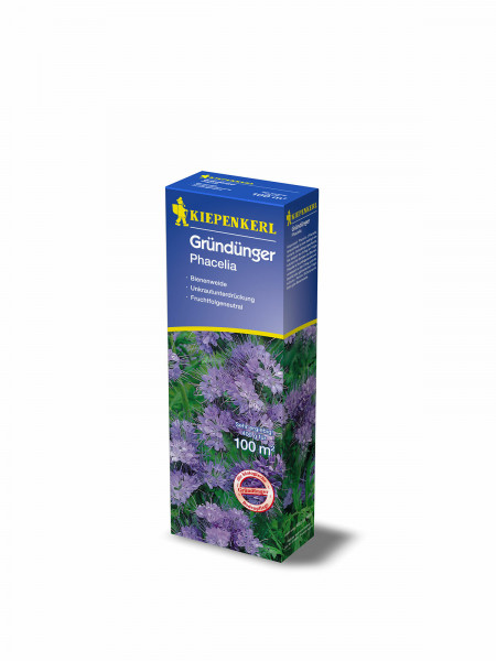 Produktbild von Kiepenkerl Gruenduenger Phacelia Verpackung mit Angaben zu Bienenweide sowie Hinweisen zu Unkulturunterdrueckung und Fruchtfolgeneutralitaet und dem Hinweis 400 Gramm fuer 100 Quadratmeter.
