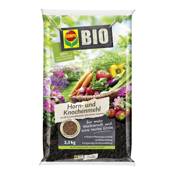 Produktbild von COMPO BIO Horn- und Knochenmehl in einer 2, 5, kg Verpackung mit Angaben zu 100% natürlichen Inhaltsstoffen und Informationen über die Anwendung für Pflanzenwachstum und Ernteerträge in deutscher Sprache.