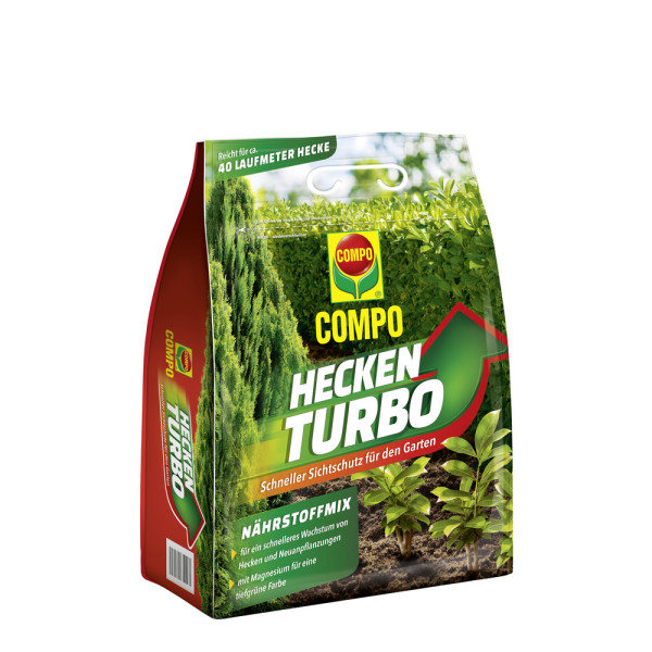 Produktbild von COMPO Heckenturbo 4kg mit Darstellung einer grünen Heckenlandschaft und Produktinformationen auf Verpackung in deutscher Sprache.