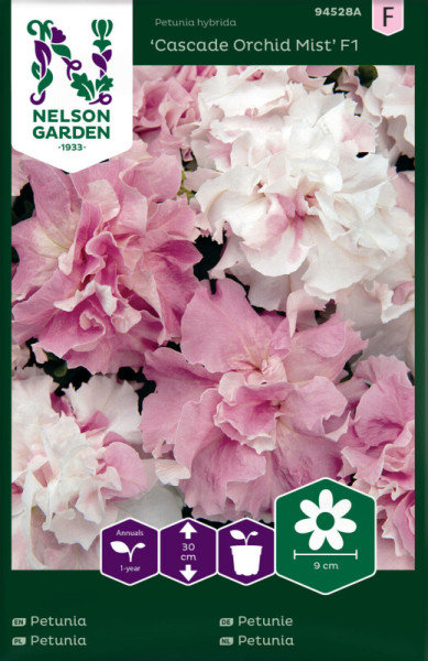 Produktbild von Nelson Garden Petunie Cascade Orchid Mist F1 mit blühenden rosa Petunien und Verpackungsinformationen wie Pflanzanleitung und Wuchshinweise.