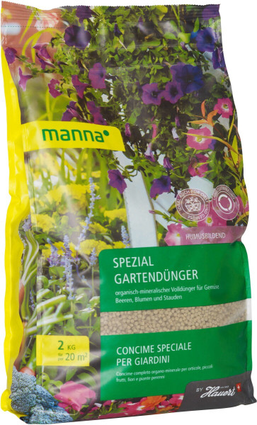 Produktbild von MANNA Spezial Gartendünger in einer 2kg Verpackung mit Informationen zu organischem und mineralischem Vollgedünger für Gemüse, Beeren, Blumen und Stauden.