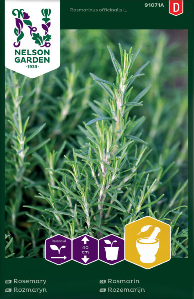 Produktbild von Nelson Garden Rosmarin mit Nahaufnahme der Pflanze und Verpackungsdesign inklusive Symbolen für mehrjährigen Anbau, Pflanzgröße und Verwendungsmöglichkeiten in der Küche, Bezeichnungen in verschiedenen Sprachen.