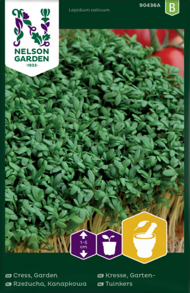 Produktbild von Nelson Garden Gartenkresse Saatgutverpackung mit Anzuchthinweisen und Markenlogo