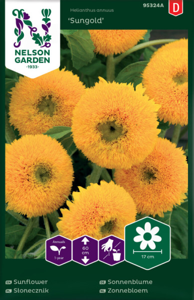 Produktbild von Nelson Garden Sonnenblume Sungold Verpackung mit Blumenabbildung und Pflanzinformationen in mehreren Sprachen.