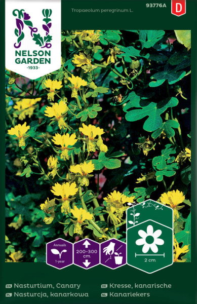 Produktbild von Nelson Garden Kanarische Kresse, mit Abbildung der gelben Blüten und Informationen zu Wachstum und Pflanzhinweisen in deutscher Sprache.
