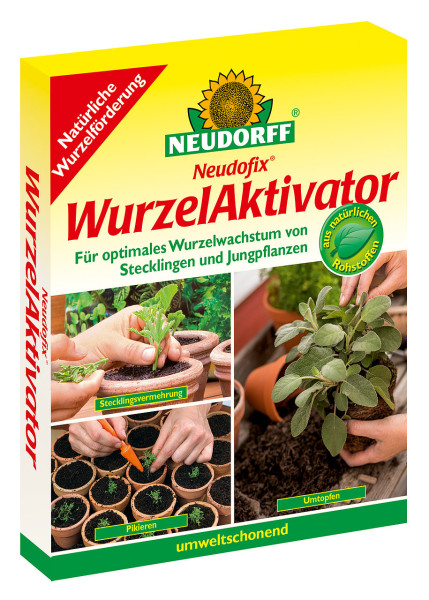Produktbild des Neudorff Neudofix WurzelAktivator 40g mit deutlicher Produktbezeichnung und Abbildungen von Pflanzenstecklingen und Umtopfprozessen als Anwendungsbeispiele.