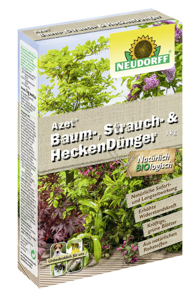 Produktbild von Neudorff Azet Baum-, Strauch- und HeckenDuenger 1kg mit Verpackungsdesign, das verschiedene Pflanzen und Sicherheitshinweise sowie Markenlogo zeigt.