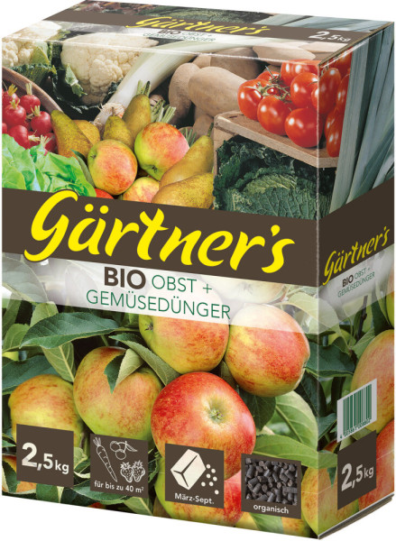 Produktbild von Gärtners Bio Obst + Gemüsedünger in einer 2,5kg Packung mit Abbildungen von Obst, Gemüse und Düngerkörnern sowie Angaben zur Anwendungsfläche und Anwendungszeitraum