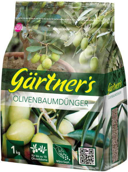 Produktbild von Gärtners Olivenbaumdünger in einer 1kg Verpackung mit grüner Beschriftung und Abbildungen von Olivenzweigen und Früchten.