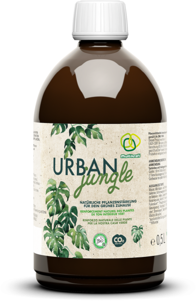 Produktbild von Multikraft Urban Jungle Konzentrat in einer 500ml Flasche mit Etikett das die Bio-Zertifizierung und Informationen zur natürlichen Pflanzenstärkung zeigt