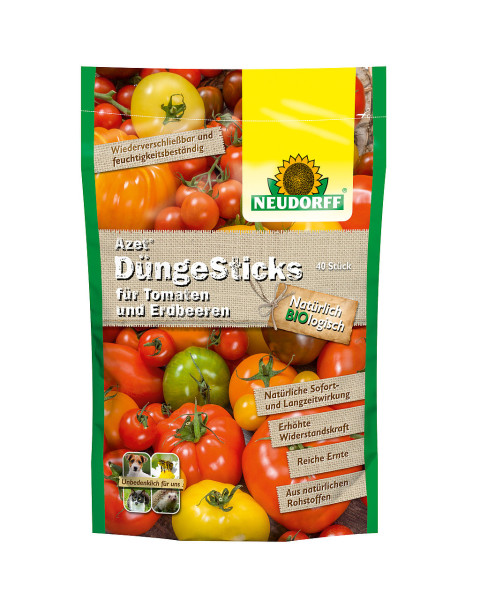 Produktverpackung von Neudorff Azet DüngeSticks für Tomaten und Erdbeeren mit 40 Stück Inhalt und Produktinformationen zur natürlichen Langzeitwirkung und Bedenkenlosigkeit für Haustiere.