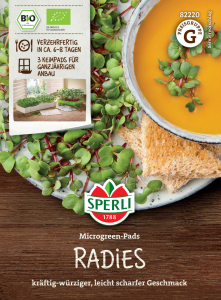 Produktbild von Sperli BIO Microgreen-Pads Radies mit Darstellung der Keimpads, einer Suppe mit Microgreens darauf und Informationen zum Produkt auf Deutsch.