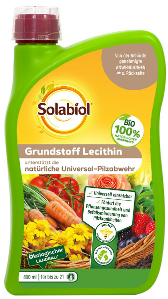Produktbild von Solabiol Grundstoff Lecithin in einer 800ml Flasche mit Hinweisen auf biologischen Ursprung und Anwendung zur Pilzabwehr in Gartenbau und Landwirtschaft.