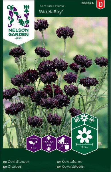 Produktbild von Nelson Garden Kornblume Black Boy mit Abbildung dunkelvioletter Blumen und Verpackungsdesign samt Pflanzinformationen in deutscher Sprache.