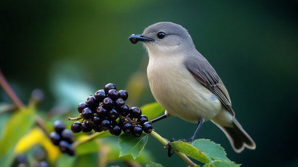 large-least-flycatcher-perched-on-branch-eating-pokeweed-berries