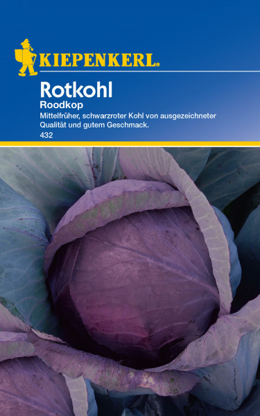 Produktbild von Kiepenkerl Rotkohl Roodkop Saatgutverpackung mit der Abbildung eines roten Kohlkopfs und produktbeschreibenden Textelementen.