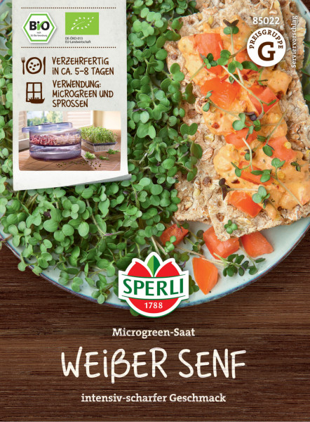 Produktbild von Sperli BIO Microgreen-Saat Weißer Senf mit Verpackung Verzehrfertig in ca 5-8 Tagen und Anwendungsbeispielen auf einem Teller samt Preisgruppenhinweis