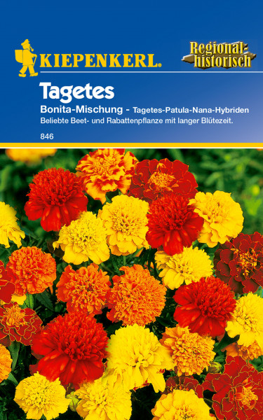 Produktbild von Kiepenkerl Studentenblume Bonita-Mischung mit verschiedenen roten und gelben Blumen und Verpackungsinformationen in deutscher Sprache.