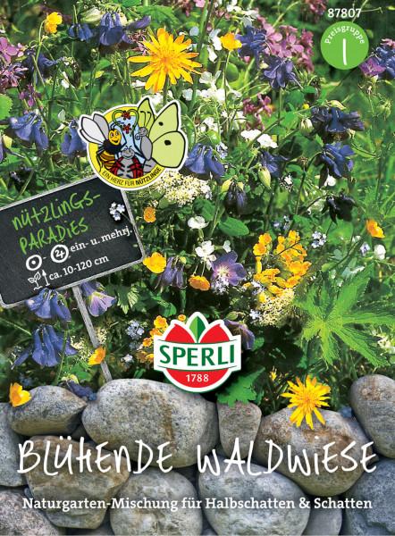 Produktbild von Sperli Blumenmischung Blühende Waldwiese mit bunten Blumen und Verpackungsinformationen in deutscher Sprache.