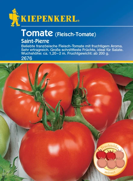 Produktbild von Kiepenkerl Fleisch-Tomate Saint Pierre mit Abbildung reifer Tomaten und Verpackungsinformationen über die Sorte und ihr fruchtiges Aroma in deutscher Sprache.