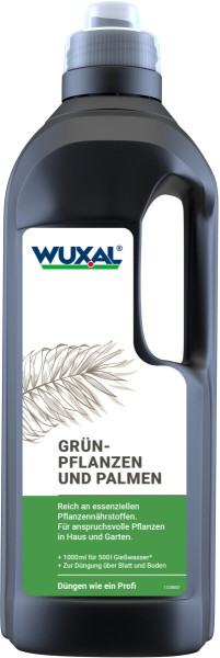 Produktbild von WUXAL Grünpflanzen- und Palmendünger 1 Liter Flasche mit Hinweisen auf essentielle Pflanzennährstoffe und Anwendungsempfehlungen in deutscher Sprache.