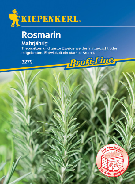 Produktbild von Kiepenkerl Rosmarin mehrjährig mit Nahaufnahme der Pflanze und Verpackungsdesign mit Produktinformationen und Logo.