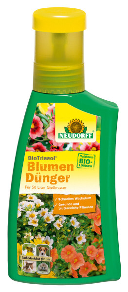 Produktbild von Neudorff BioTrissol BlumenDuenger 250ml Flasche mit Informationen ueber schnelles Wachstum und bluetenreiche Pflanzen sowie Hinweisen zur Umweltvertraeglichkeit.