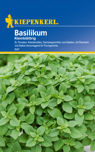 Produktbild von Kiepenkerl Basilikum kleinblättrig mit Nahaufnahme der Basilikumpflanze und Verpackungsinformationen zu Anwendung und Sortennummer im Hintergrund.