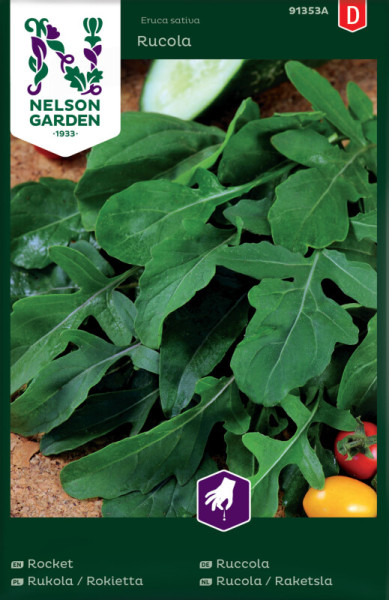 Produktbild von Nelson Garden Rucola Saatgutverpackung mit frischen Rucolablättern und mehrsprachigen Bezeichnungen.