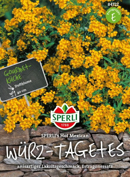 Produktbild von SPERLIs Hot Mexican Würz-Tagetes mit gelben Blüten und Verpackungsinformationen über anisartigen Lakritzgeschmack und Estragonersatz.