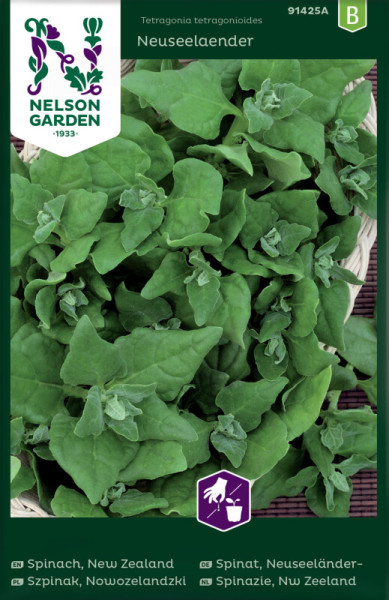 Produktbild von Nelson Garden Neuseeländer-Spinat mit grünen Blättern und Verpackungsinformationen wie Markenlogo, Sortenbezeichnung und mehrsprachigen Produktbeschreibungen.
