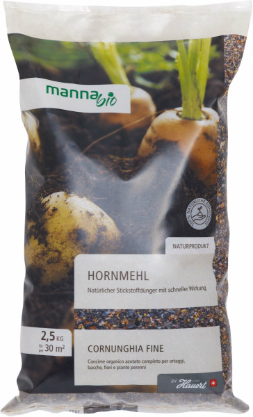 Produktbild von MANNA Bio Hornmehl 2, 5, kg Verpackung als Naturprodukt mit Pflanzendarstellung und Hinweisen zur schnellen Stickstoffwirkung sowie Mengenangabe für 30 Quadratmeter.
