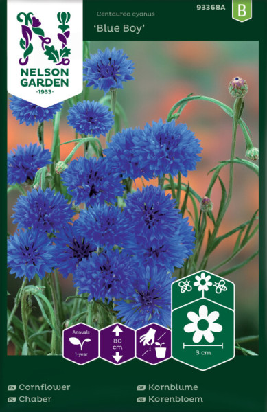 Produktbild von Nelson Garden Kornblume Blue Boy mit Darstellung blauer Blumen, Pflanzeninformationen und Markenlogo.