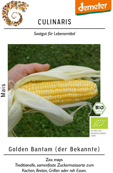 Produktbild von Culinaris BIO Zuckermais Golden Bantam mit geöffneter Maiskolbenhaltung in einer Hand und Informationen über Bio-Zertifizierung sowie Nutzungshinweise