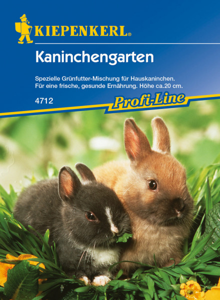 Produktbild von Kiepenkerl Kaninchengarten einer speziellen Gruenfutter-Mischung fuer Hauskaninchen, mit zwei Kaninchen und Verpackungsdetails im Hintergrund.