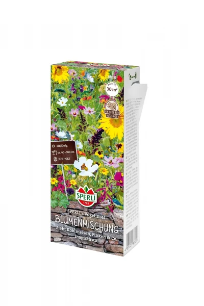 Produktbild der Sperli Blumenmischung SPERLIs Vogelinsel mit bunten Blumen und Hinweisen auf Anziehung von Vögeln wie Kohlmeisen und Finken sowie Produktdetails auf Deutsch.