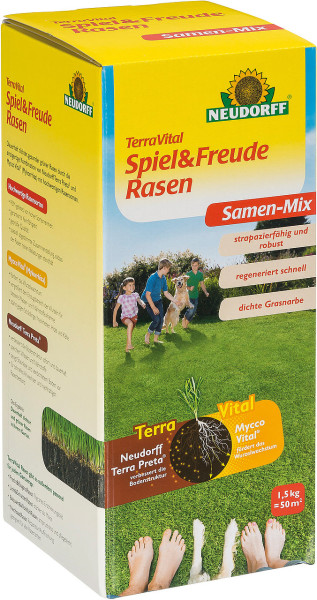 Produktbild von Neudorff TerraVital Spiel & FreudeRasen 1, 5, kg mit Angaben zu Samen-Mix Eigenschaften, darunter strapazierfähig und robust, schnelle Regeneration sowie dichte Grasnarbe, zudem Darstellung einer fröhlichen Familie auf grünem Rasen und Hin