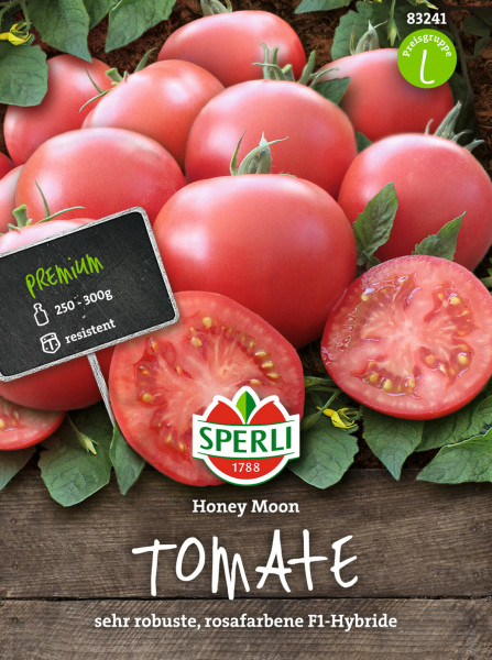 Produktbild von Sperli Fleisch-Tomate Honey Moon F1 mit Darstellung reifer Tomaten, einer aufgeschnittenen Tomate und Verpackungshinweisen auf Holzuntergrund.