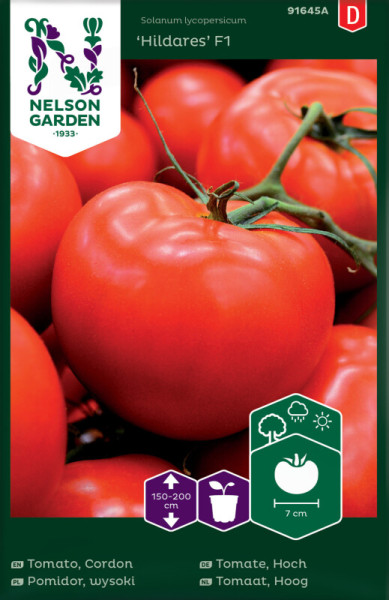Produktbild von Nelson Garden Tomate Hildares F1 mit reifen Tomaten, Wachstumsinformationen und Markenlogo.
