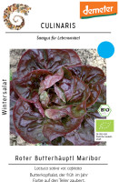 Produktbild von Culinaris BIO Wintersalat Roter Butterhäuptl Maribor mit einer Nahaufnahme von roten Salatblättern und Verpackungsdesign mit Logos und...
