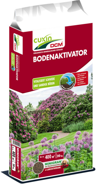Produktbild des Cuxin DCM Bodenaktivator Minigran in einer 20kg Packung mit Abbildung eines blühenden Gartens und Informationen zur Anwendung und zur Verbesserung des Bodens.