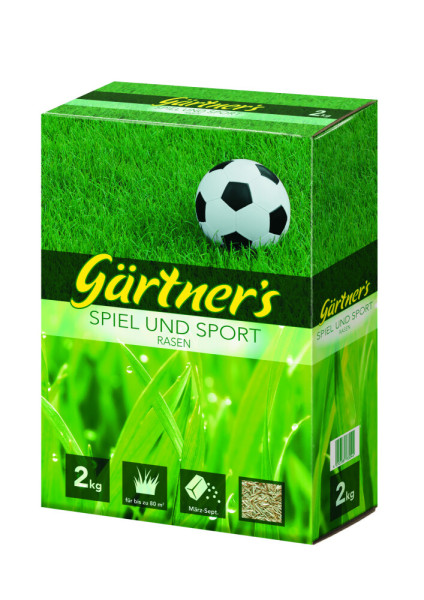 Produktbild von Gärtners Spiel- und Sportrasensamen in einer 2kg Verpackung mit Grasabbildung und einem Fußball sowie Informationen zur Anwendungsfläche und Aussaatzeit.