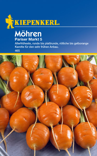Produktbild von Kiepenkerl Möhre Pariser Markt 5 mit Darstellung runder bis plattrunder roetlicher bis gelboranger Karotten und Produktinformationen auf Deutsch.