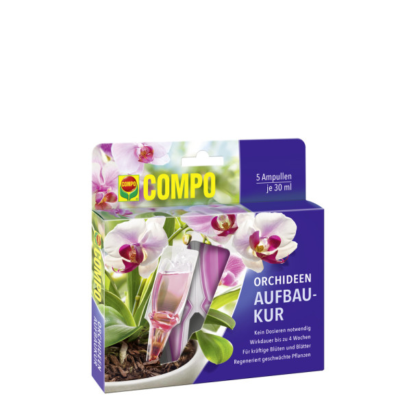 Produktbild von COMPO Orchideen-Aufbaukur in einer Verpackung mit 5 Ampullen zu je 30 ml, zur Starkung und Regeneration von Orchideen mit abbildung von Orchideenbluten im Hintergrund.