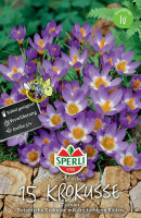Produktbild von Sperli Wildkrokus Tricolor mit blühenden dreifarbigen Krokussen und Verpackungsinformationen über Eignung für Kübel und Verwilderung sowie... Produktbild von Sperli Wildkrokus Tricolor mit blühenden dreifarbigen Krokussen und Verpackungsinformationen über Eignung für Kübel und Verwilderung sowie Größenangabe