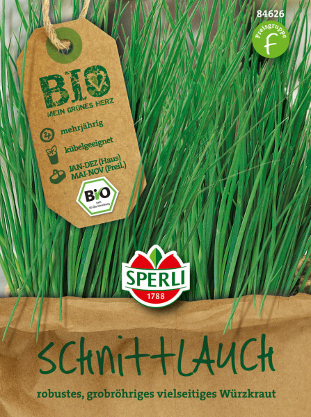 Produktbild von Sperli BIO Schnittlauch mit Darstellung der frischen Pflanze und Packungsdesign inklusive BIO-Siegel und Anbauhinweisen.