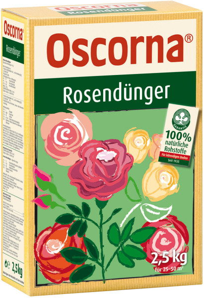 Produktbild von Oscorna-Rosendünger in einer 2, 5, kg Packung mit Abbildung von blühenden Rosen und dem Hinweis auf 100 Prozent natürliche Rohstoffe.