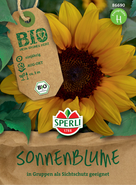 Produktbild von Sperli BIO Sonnenblume mit einer blühenden Sonnenblume im Hintergrund und Informationen zur Einjährigkeit und Pflanzhöhe sowie dem Sperli-Logo.
