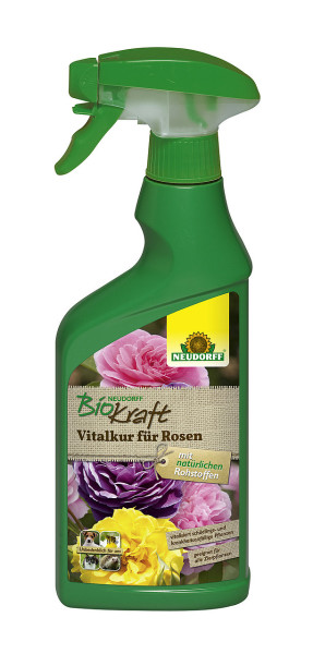 Produktbild von Neudorff BioKraft Vitalkur für Rosen in einer 500 ml Handsprühflasche mit Produktinformationen und Bildern von Rosen auf der Vorderseite